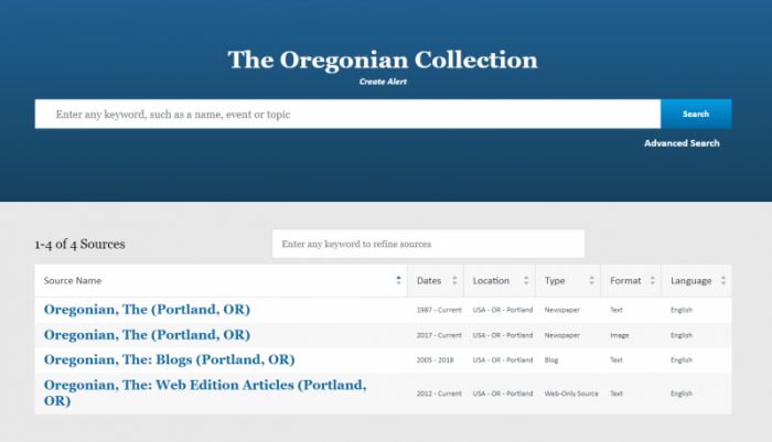 The Oregonian Collection database home screen