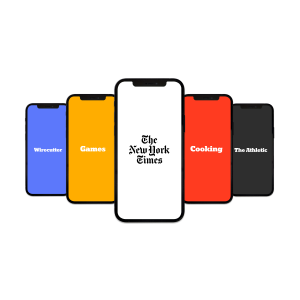 Five cell phones lined up with various NYT apps
