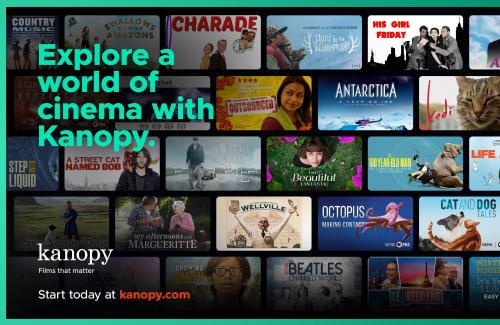 "Explore a world of cinema with kanopy" text on a background of sample content