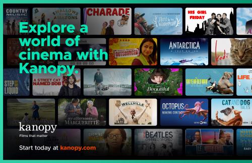 "Explore a world of cinema with kanopy" text on a background of sample content