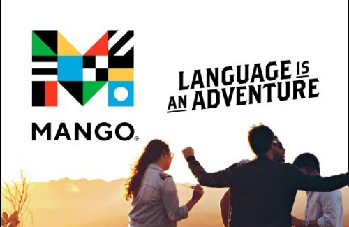 "Language is an adventure" next to the Mango logo and four people traveling