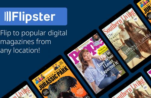 "Flip to popular digital magazines from any location" text on a background of sample content