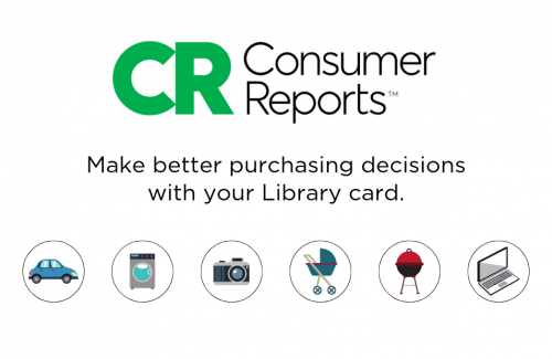 "Make better purchasing decisions with your library card" text with automotive, and various electronic icons