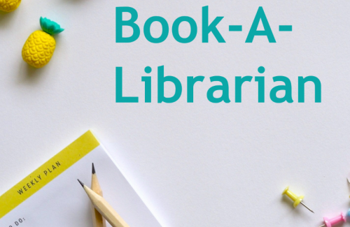 Book A Librarian landing page image with to-do list, pencils, thumb tacks, and pineapple erasers.