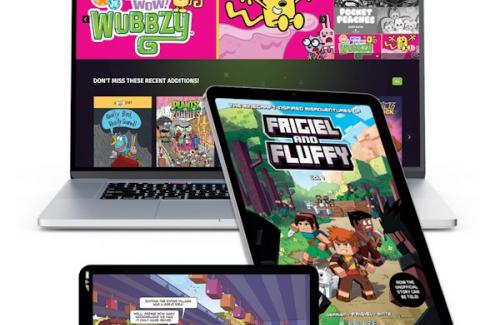Laptop, Tablet and phone with various graphic novel titles.