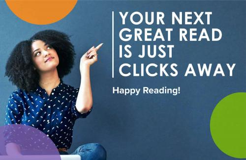 Person sitting crossed legged pointing to text that reads "Your next great read is just clicks away"
