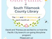 Flyer Storytimes at PC Library 2nd and 4th Wednesdays 3:30pm