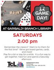 Game Days on Saturdays at the Garibaldi Library, starting 10 September 2022, full flyer