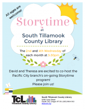 Pacific City Storytime 2nd & 4th Wednesdays at 3:30 pm, full flyer
