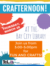 Crafternoon at Bay City March 28th, full flyer.