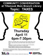 Community Conversation on Taxes on April 11th, full flyer.
