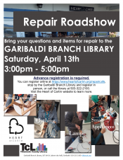 Full Flyer of Heart of Cartm Repair Roadshow at the Garibaldi Library.