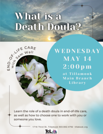 Blue sky with clouds and text, What is Death Doula