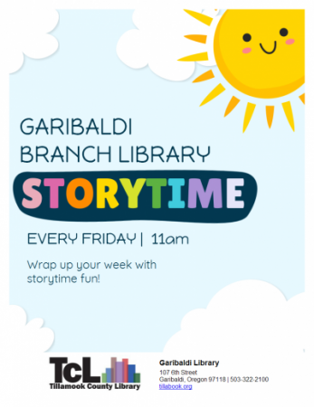 Garibaldi Library Storytimes Fridays at 11:00am, full flyer.