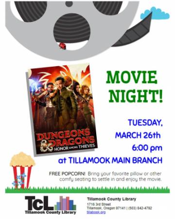 Movie Night: Dungeons & Dragons on March 26th, full flyer.