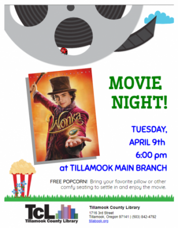 Movie Night: Wonka on April 9th, full flyer.