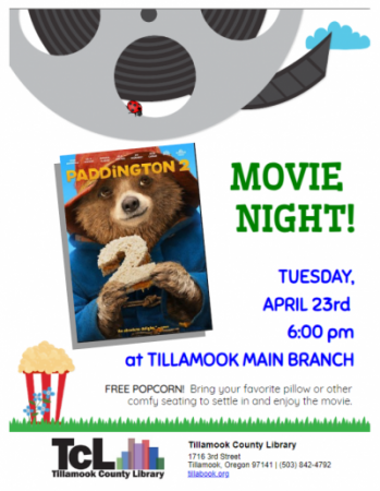 Movie Night: Paddington 2 on April 23rd, full flyer.