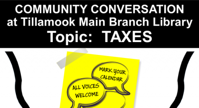 Community Conversation on Taxes on April 11th, top of flyer.