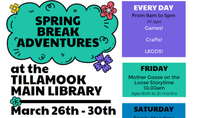 Spring Break Activities at the Tillamook Main Library, top of flyer. 