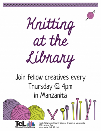 Knitting at the Library written in purple knit stitches