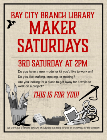 Maker Saturday red text on a beige background with craft supply accent images