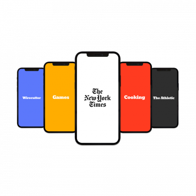 Five iphones in a row with different NYT resources shown on each screen.