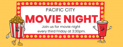 Pacific City Movie Night on a red and white marqee with yellow background