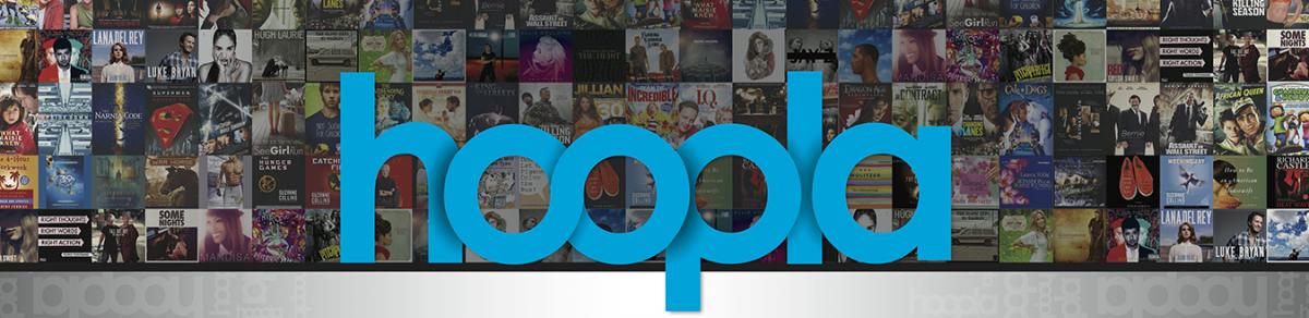 Hoopla logo on banner with sample content background