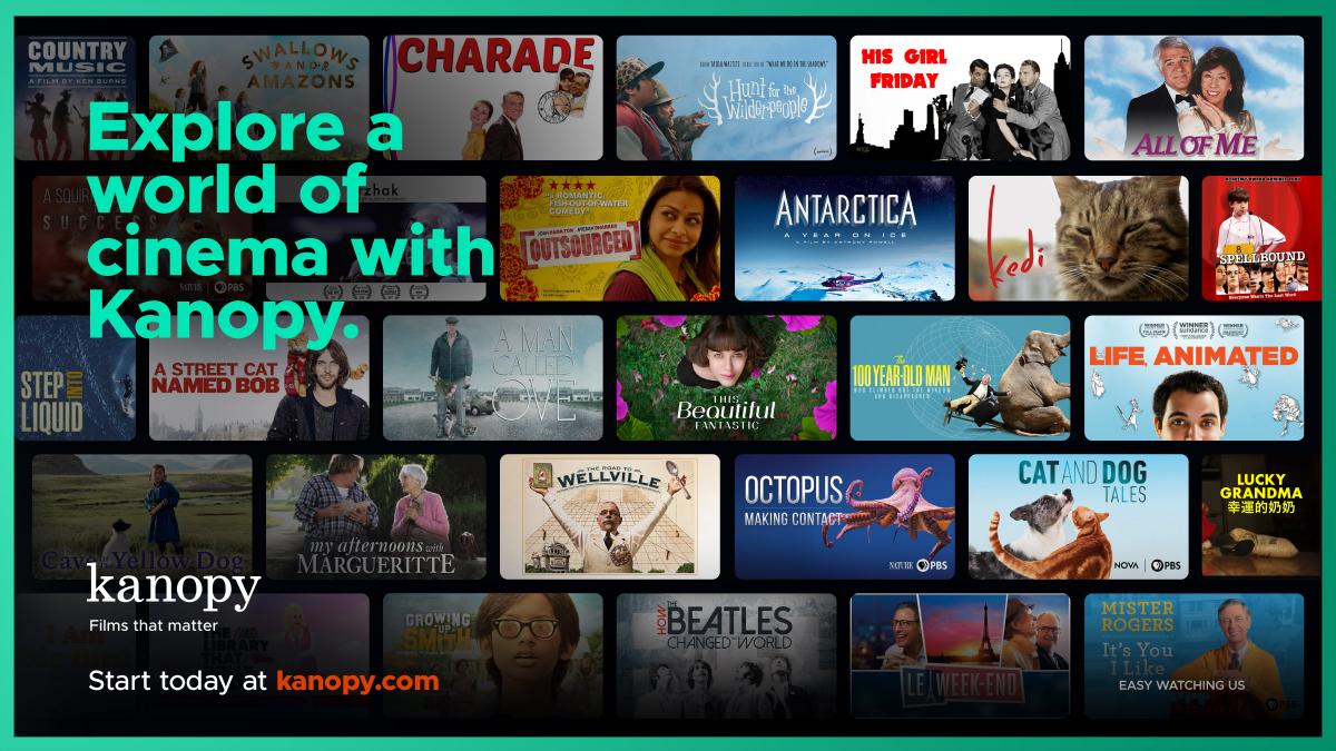 "Explore a world of cinema with kanopy" text on a background of sample content