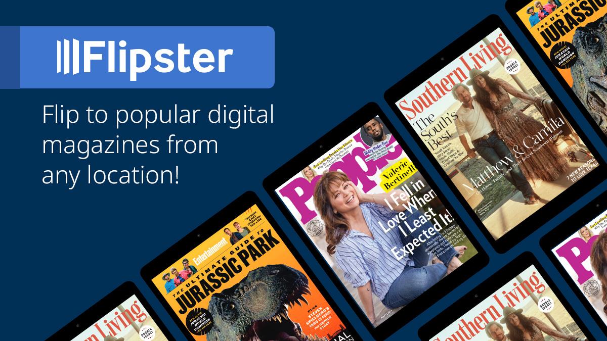 "Flip to popular digital magazines from any location" text on a background of sample content
