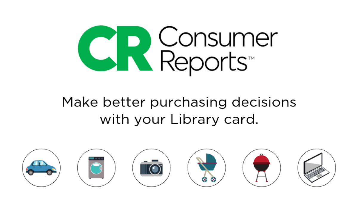 "Make better purchasing decisions with your library card" text with automotive, and various electronic icons