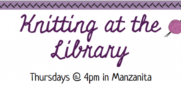 Knitting at the Library written in purple knit stitches